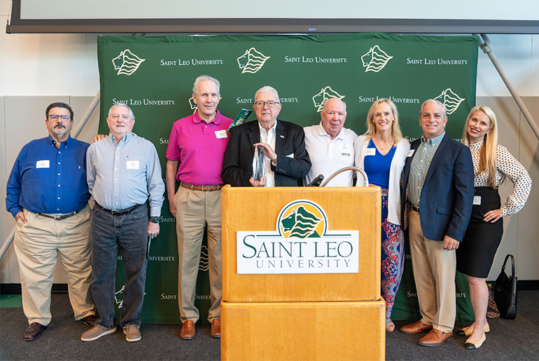 After Pete Mulry retired from coaching, he created the Peter J. Mulry Foundation to help Tampa area youths. In 2022, he received Saint Leo Alumni Association’s Distinguished Alumnus Award and celebrated with members of his foundation.