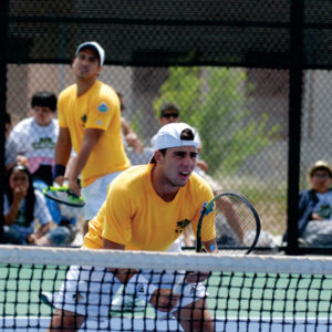 Doubles partners Alex Theiler (serving) and Alberto Barroso-Campos (front) competing against Armstrong State